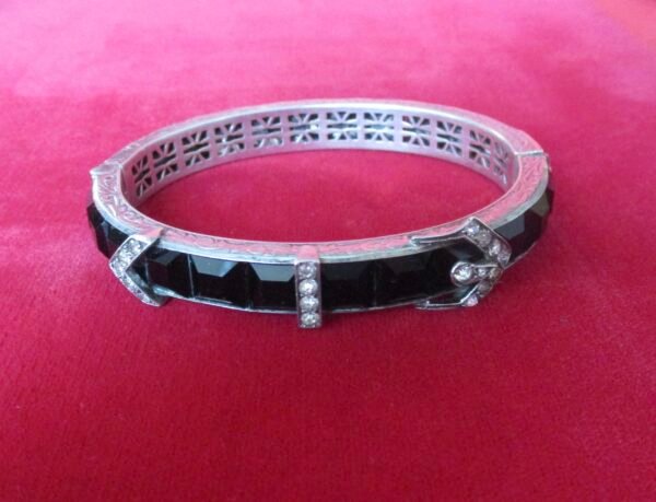 Antique Deco Sterling Silver Hinged Buckle  Bangle Bracelet With Faceted Square Black Paste Stones & Clear Paste Stones