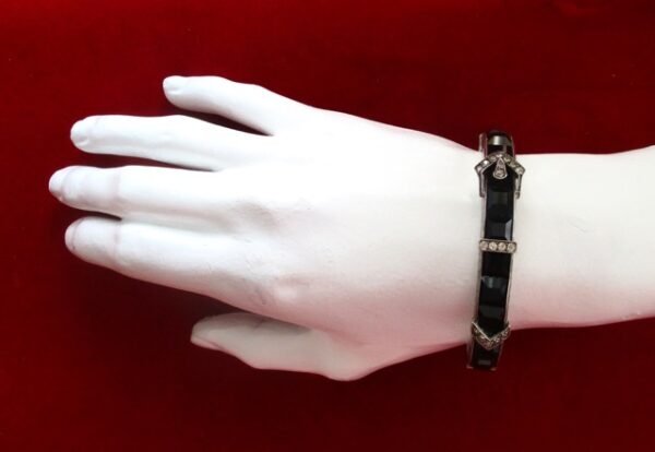 Antique Deco Sterling Silver Hinged Buckle  Bangle Bracelet With Faceted Square Black Paste Stones & Clear Paste Stones - Image 3