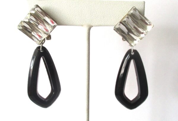 Vintage Art-Deco Style French Jet & Crystal Omega Clip-On Earrings