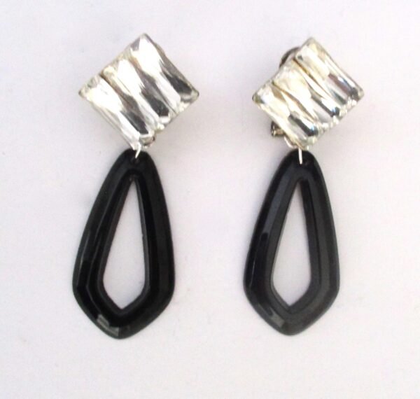 Vintage Art-Deco Style French Jet & Crystal Omega Clip-On Earrings - Image 2