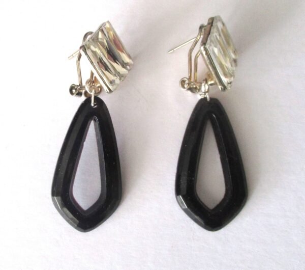 Vintage Art-Deco Style French Jet & Crystal Omega Clip-On Earrings - Image 3