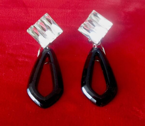 Vintage Art-Deco Style French Jet & Crystal Omega Clip-On Earrings - Image 4