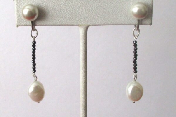 Pair of Vintage Screw Back Earrings With Cultured Pearls & Micro Black Spinels