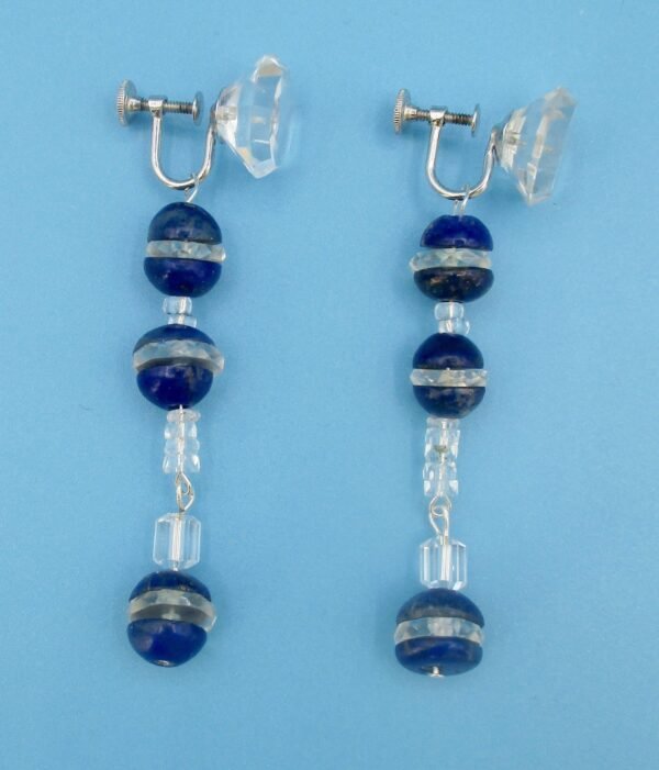 Pair of Deco Lapis Lazuli and Sterling Silver  Screw Back Earrings