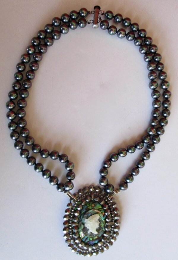 Antique Cut Steel - Abalone - Mother of Pearl Cameo Pendant Necklace - Image 3