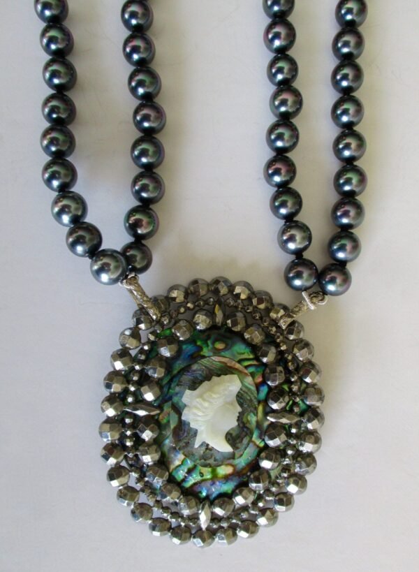 Antique Cut Steel - Abalone - Mother of Pearl Cameo Pendant Necklace - Image 2