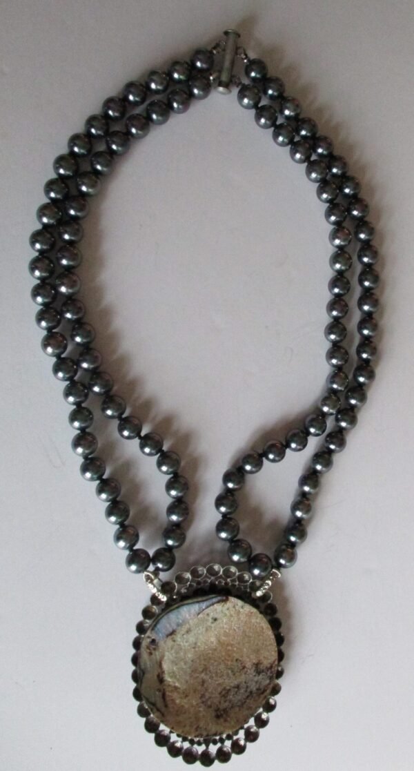 Antique Cut Steel - Abalone - Mother of Pearl Cameo Pendant Necklace - Image 4