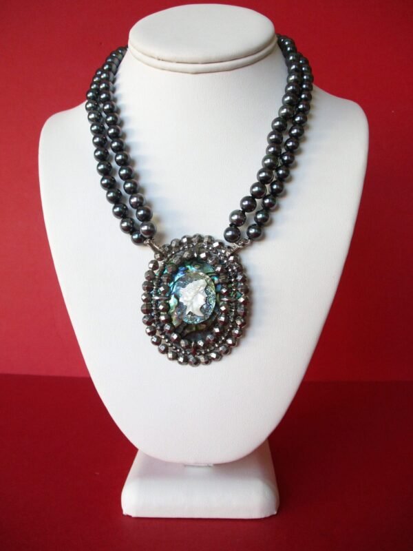Antique Cut Steel - Abalone - Mother of Pearl Cameo Pendant Necklace