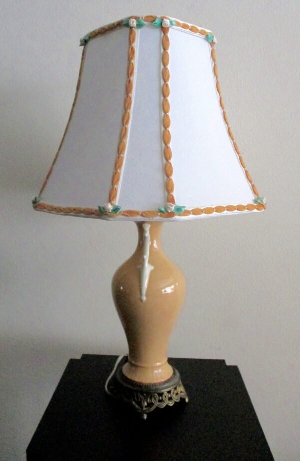 Vintage Coral Porcelain Lamp With Hand-Embellished Silk Shade - Image 5
