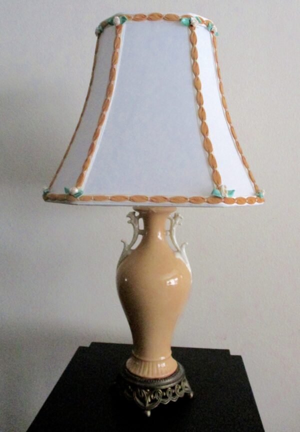 Vintage Coral Porcelain Lamp With Hand-Embellished Silk Shade