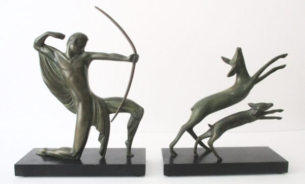 Michel Decoux (1837-1924)   "Hunter With Bow Chasing Two Deer"     -     Two Part Bronze sculpture/antique bronze