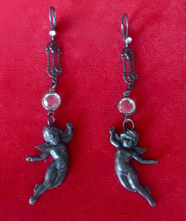 Pair of Vintage Black Matte 3 1/2-Inch  Angel Earrings With Crystals and Rhinestones/Boho/Hippie/Steampunk/Gothic - Image 3