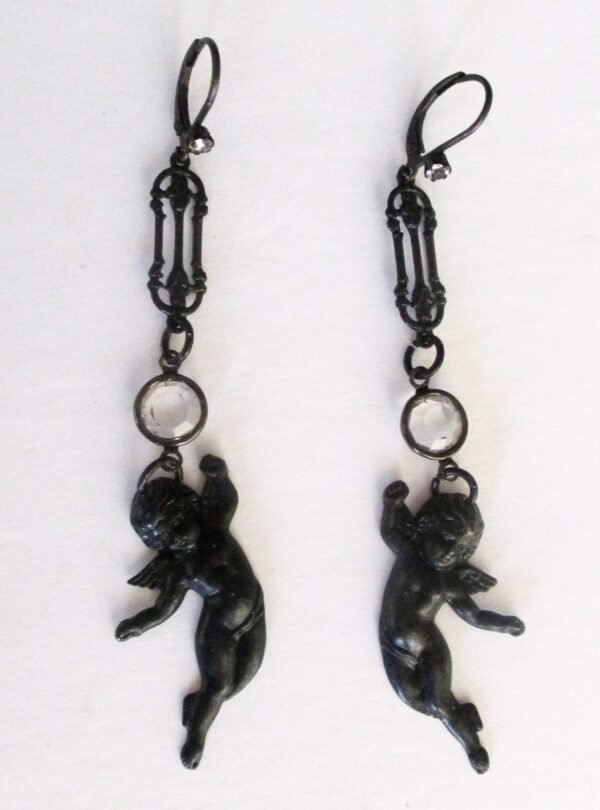 Pair of Vintage Black Matte 3 1/2-Inch  Angel Earrings With Crystals and Rhinestones/Boho/Hippie/Steampunk/Gothic - Image 4