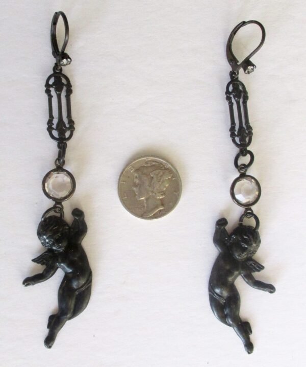 Pair of Vintage Black Matte 3 1/2-Inch  Angel Earrings With Crystals and Rhinestones/Boho/Hippie/Steampunk/Gothic - Image 5