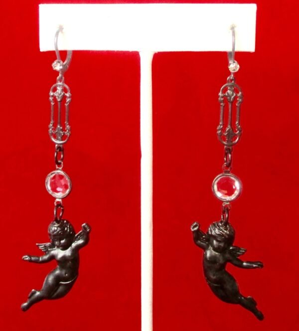 Pair of Vintage Black Matte 3 1/2-Inch  Angel Earrings With Crystals and Rhinestones/Boho/Hippie/Steampunk/Gothic