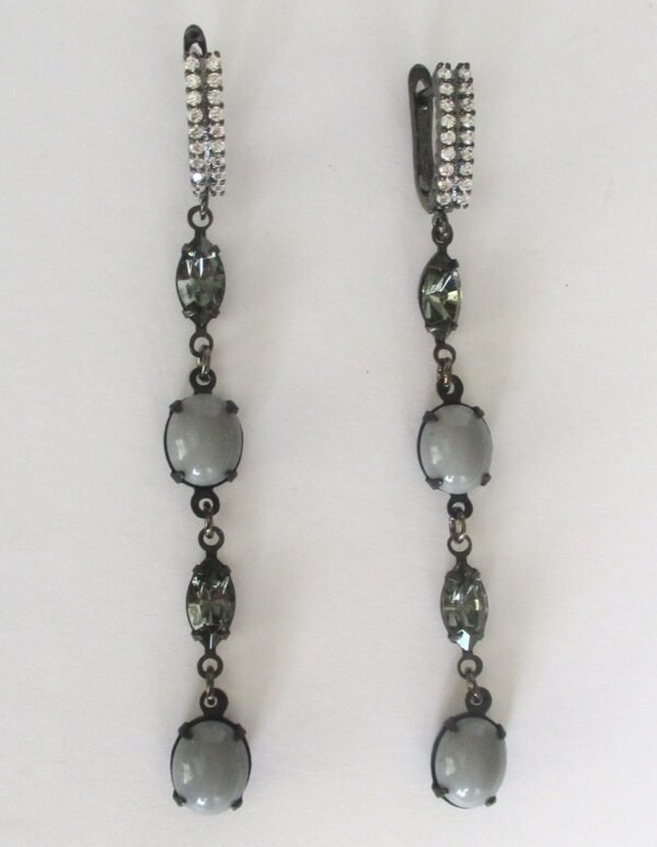 Pair of Vintage "Black Diamond" Navette Drop Earrings With Oval Gray Cabochons & Rhinestones - Image 3