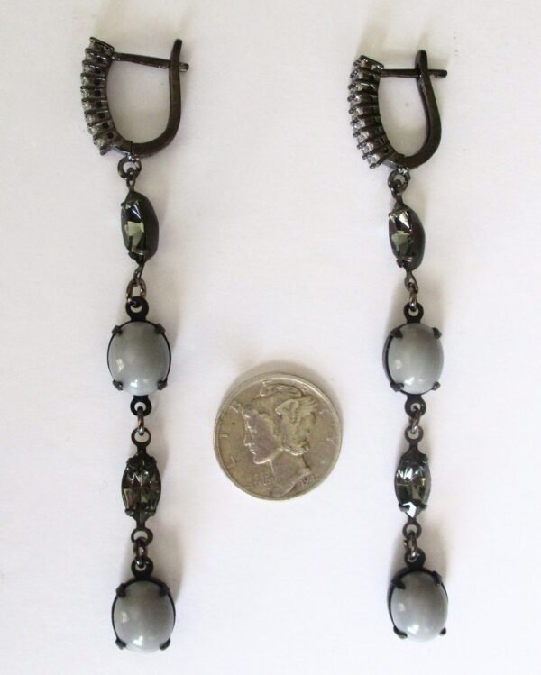 Pair of Vintage "Black Diamond" Navette Drop Earrings With Oval Gray Cabochons & Rhinestones - Image 5