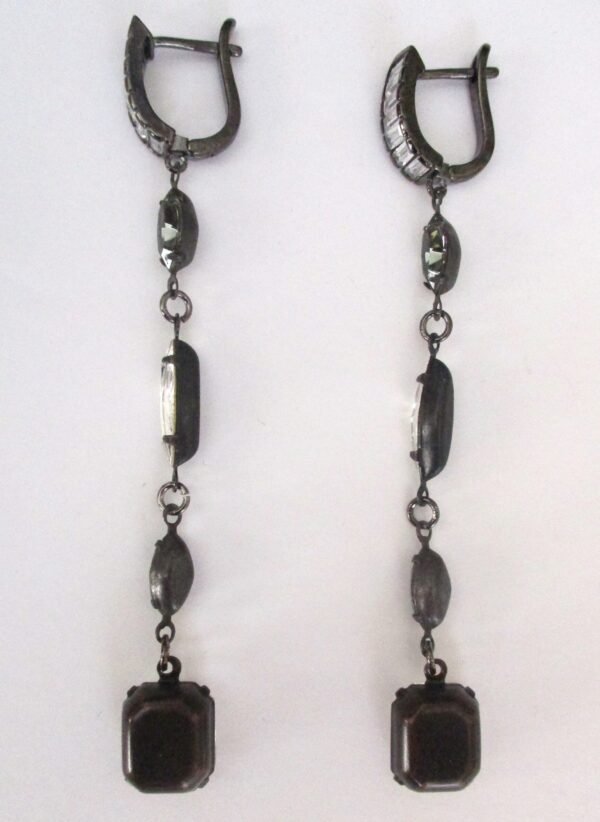 Pair of Vintage "Black Diamond" Navette Drop Earrings With Oval Gray Cabochons & Rhinestones - Image 6