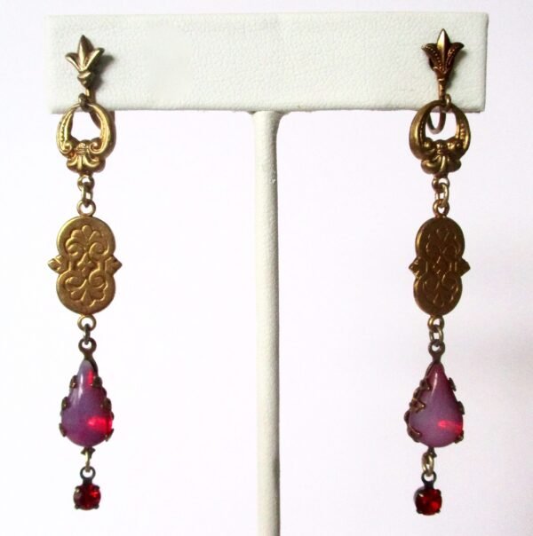 Pair of Antique Brass & Opalescent Crystal Screw Back Earrings - Image 2
