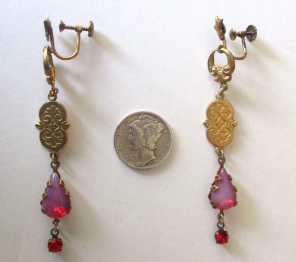 Pair of Antique Brass & Opalescent Crystal Screw Back Earrings - Image 4