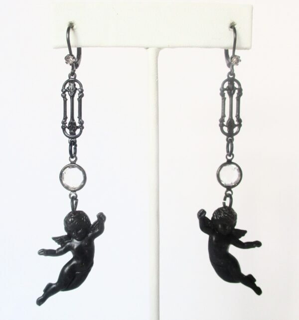 Pair of Vintage Black Matte 3 1/2-Inch  Angel Earrings With Crystals and Rhinestones/Boho/Hippie/Steampunk/Gothic - Image 2