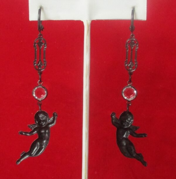 Pair of Vintage Black Matte 3 1/2-Inch  Angel Earrings With Crystals and Rhinestones/Boho/Hippie/Steampunk/Gothic - Image 6