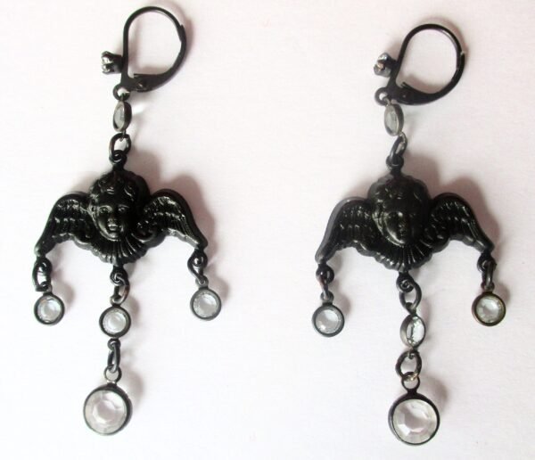 Pair of Vintage Black Angel Earrings With Crystals/Hippie/Boho/Steampunk/Gothic - Image 3