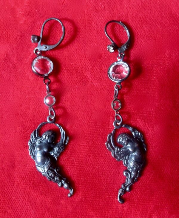 Pair of Vintage Black Angel Earrings With Crystals and Rhinestones/Boho/Hippie/Steampunk/Gothic