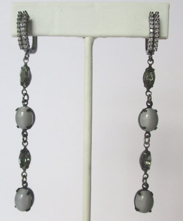 Pair of Vintage "Black Diamond" Navette Drop Earrings With Oval Gray Cabochons & Rhinestones - Image 2