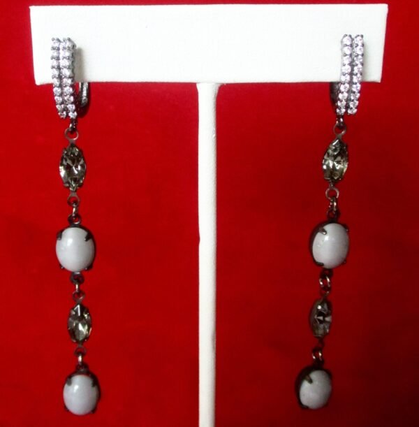 Pair of Vintage "Black Diamond" Navette Drop Earrings With Oval Gray Cabochons & Rhinestones