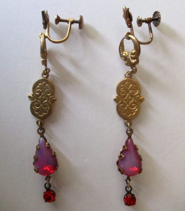 Pair of Antique Brass & Opalescent Crystal Screw Back Earrings - Image 3