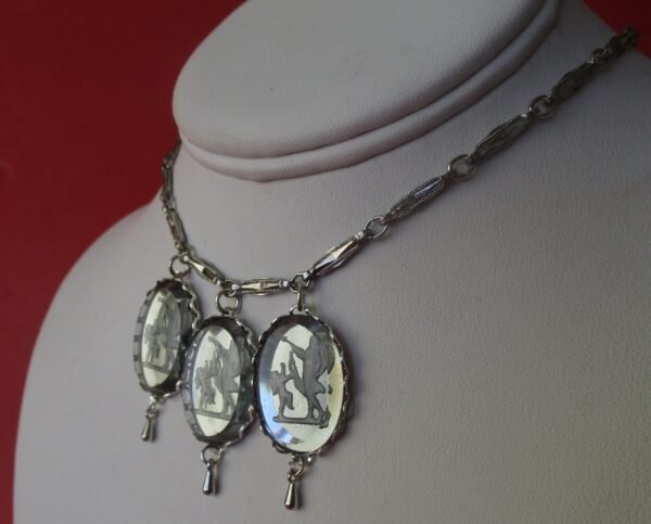 Vintage Jewelry Set:  Light Grey Reverse-Etched (Intaglios) Glass Pendant Necklace With Matching Earrings - Image 3