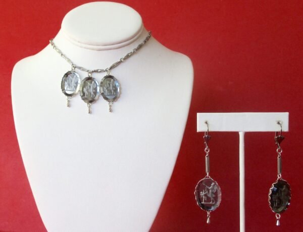 Vintage Jewelry Set:  Light Grey Reverse-Etched (Intaglios) Glass Pendant Necklace With Matching Earrings