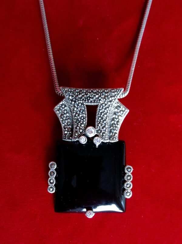 Vintage Sterling Silver Onyx &  Marcasite Brooch/Necklace/Boho/Shabby Chic
