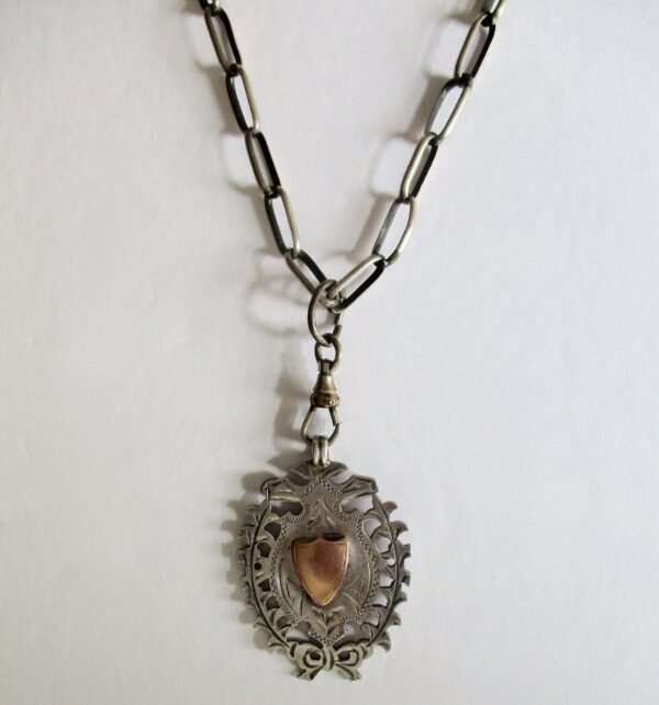 Antique Men's Sterling Silver & Rose Gold Medal Pendant  With Sterling Silver Link Chain - Image 4