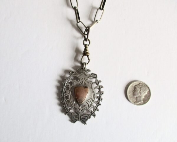 Antique Men's Sterling Silver & Rose Gold Medal Pendant  With Sterling Silver Link Chain - Image 5