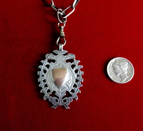 Antique Men's Sterling Silver & Rose Gold Medal Pendant  With Sterling Silver Link Chain - Image 3