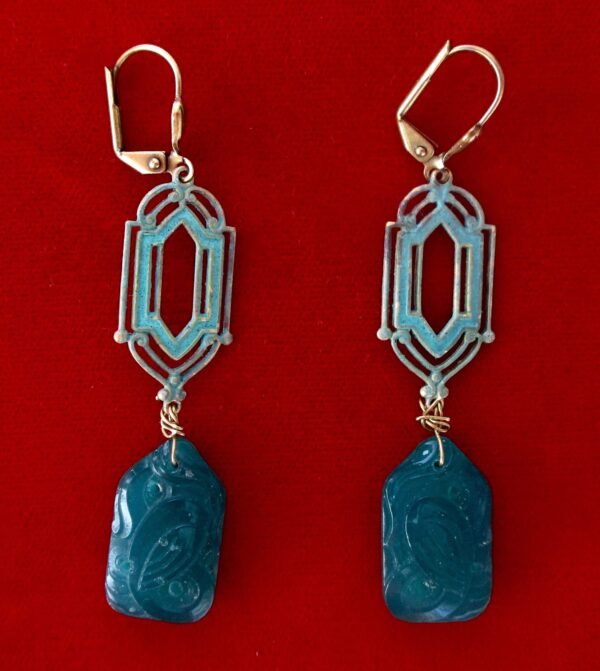 Pair of Vintage Hand Painted Teal Deco Earrings With Glass Pendants/Boho/Shabby Chic/Hippie - Image 2