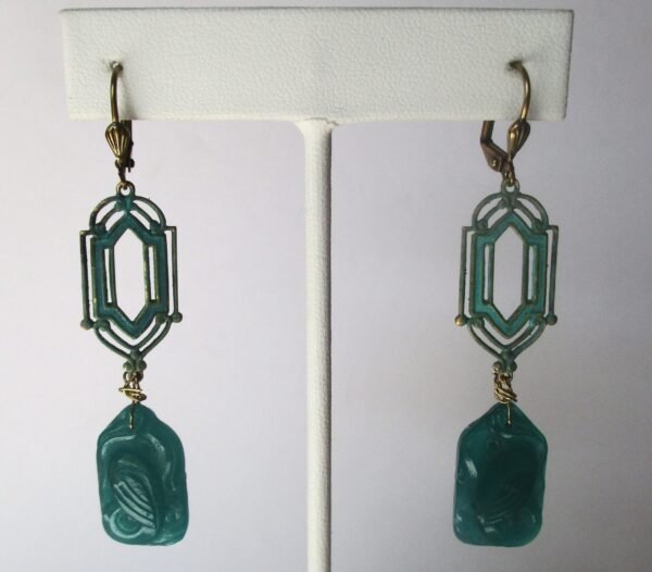 Pair of Vintage Hand Painted Teal Deco Earrings With Glass Pendants/Boho/Shabby Chic/Hippie - Image 3