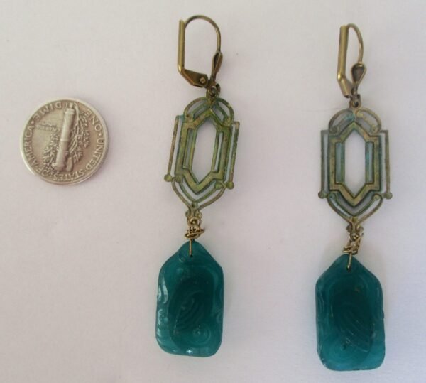 Pair of Vintage Hand Painted Teal Deco Earrings With Glass Pendants/Boho/Shabby Chic/Hippie - Image 6
