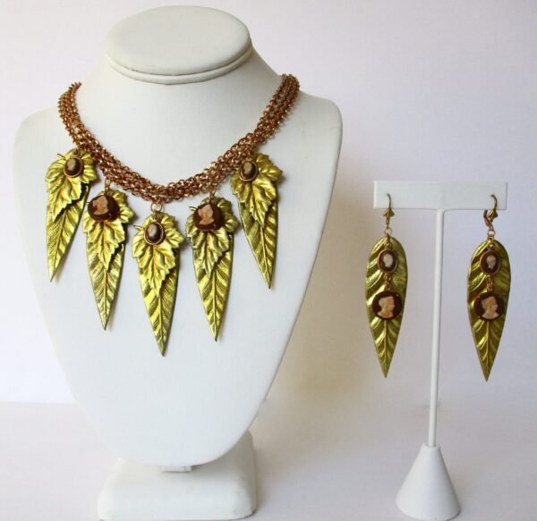 Vintage Jewelry Set:   Brass Necklace With Cameos and  Matching Earrings/Boho/Shabby Chic/Hippie