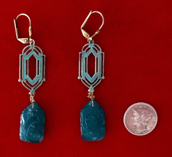 Pair of Vintage Hand Painted Teal Deco Earrings With Glass Pendants/Boho/Shabby Chic/Hippie - Image 4