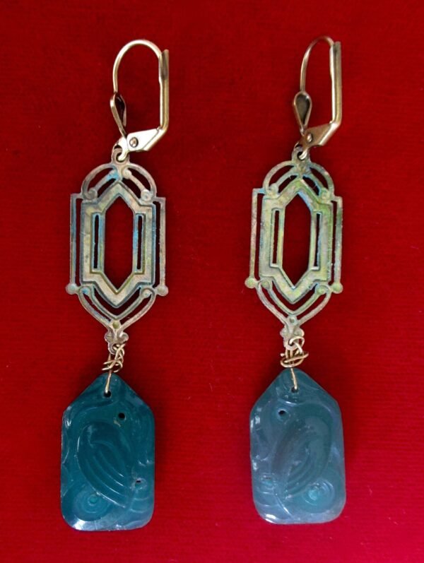 Pair of Vintage Hand Painted Teal Deco Earrings With Glass Pendants/Boho/Shabby Chic/Hippie - Image 5