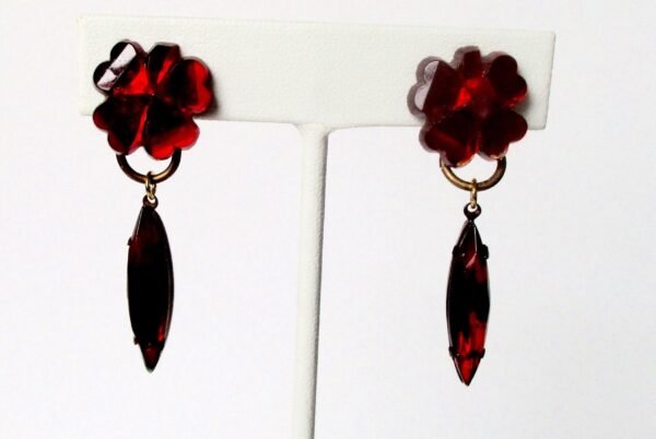 Pair of Vintage Vauxhall Deep Red Glass Clip-On Earrings/Boho/Shabby Chic