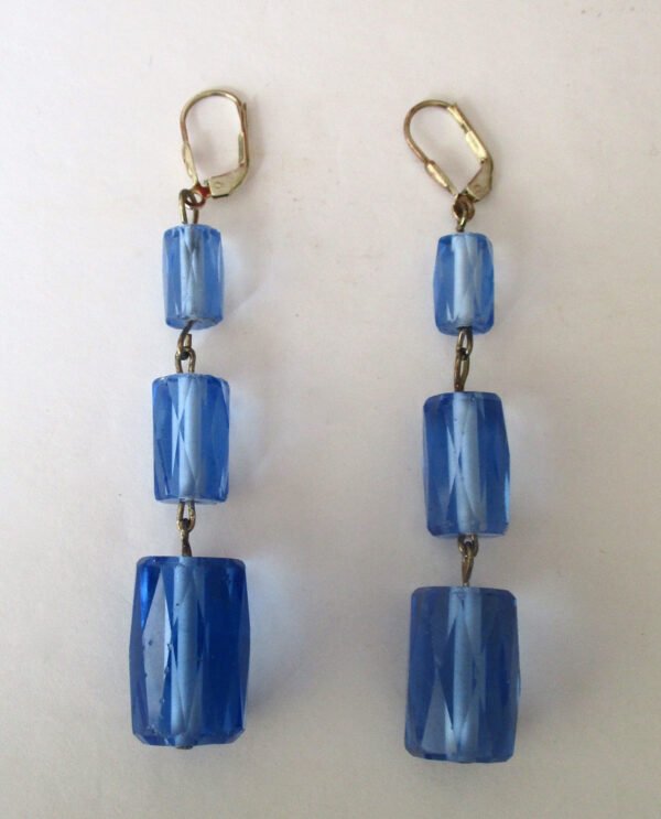 Pair of Deco Faceted Cylindrical Blue Crystal Earrings - Image 4