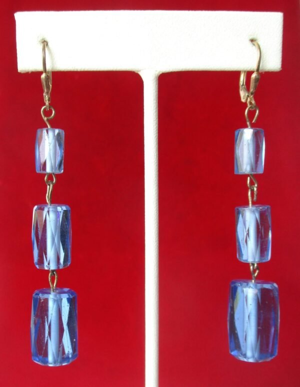 Pair of Deco Faceted Cylindrical Blue Crystal Earrings - Image 2