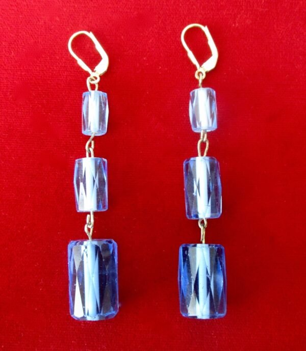 Pair of Deco Faceted Cylindrical Blue Crystal Earrings - Image 3