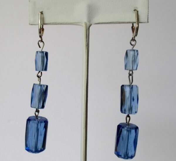 Pair of Deco Faceted Cylindrical Blue Crystal Earrings - Image 7