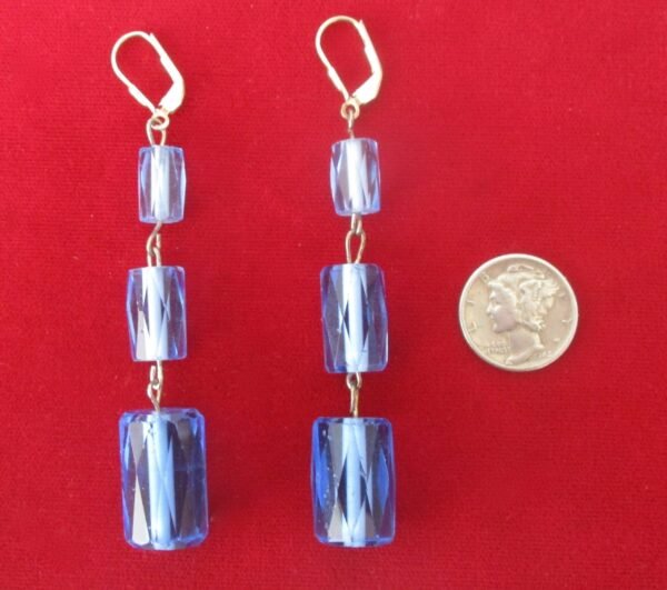 Pair of Deco Faceted Cylindrical Blue Crystal Earrings - Image 5