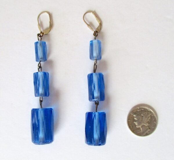 Pair of Deco Faceted Cylindrical Blue Crystal Earrings